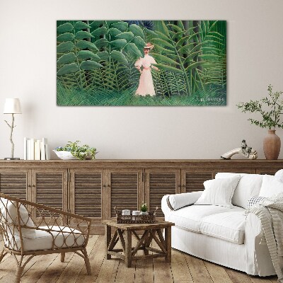 Woman in the green forest Glass Wall Art