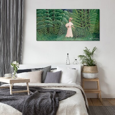 Woman in the green forest Glass Wall Art