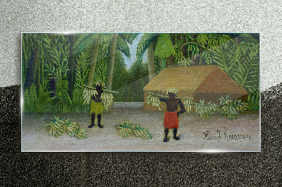 Banana harvest in a tropical landscape Glass Wall Art