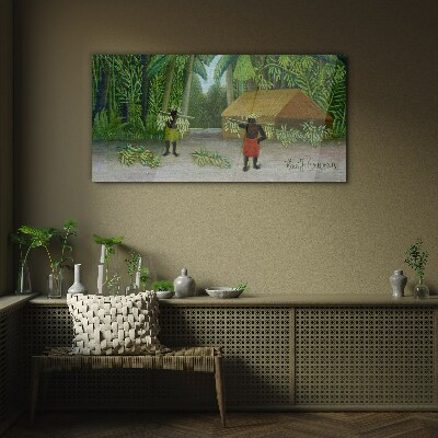 Banana harvest in a tropical landscape Glass Wall Art