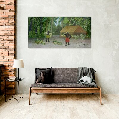 Banana harvest in a tropical landscape Glass Wall Art