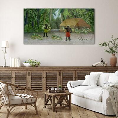 Banana harvest in a tropical landscape Glass Wall Art