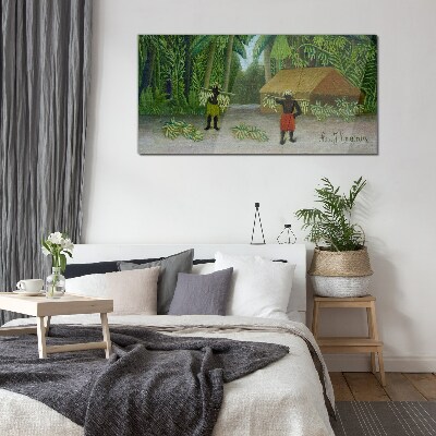 Banana harvest in a tropical landscape Glass Wall Art