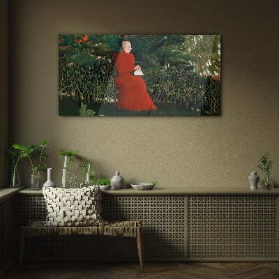 Red Coat in the Garden Glass Wall Art