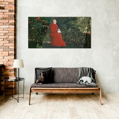 Red Coat in the Garden Glass Wall Art