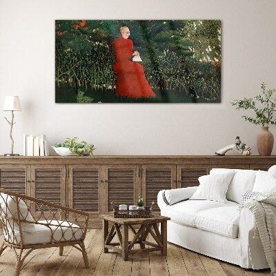 Red Coat in the Garden Glass Wall Art