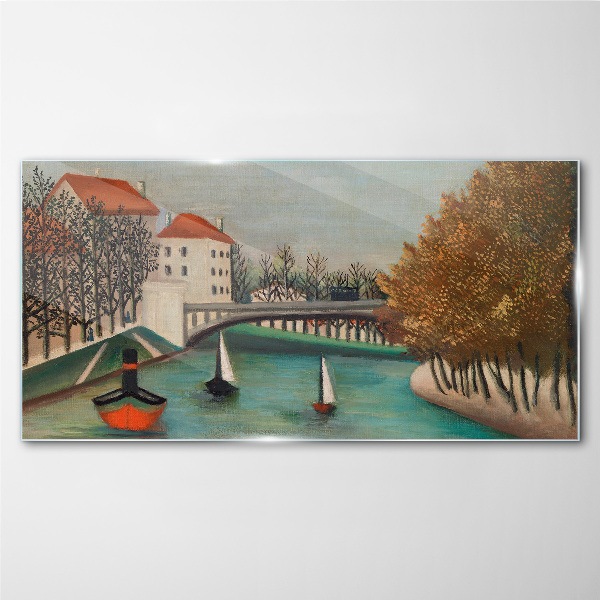 A peaceful landscape with boats Glass Wall Art