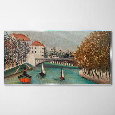 A peaceful landscape with boats Glass Wall Art