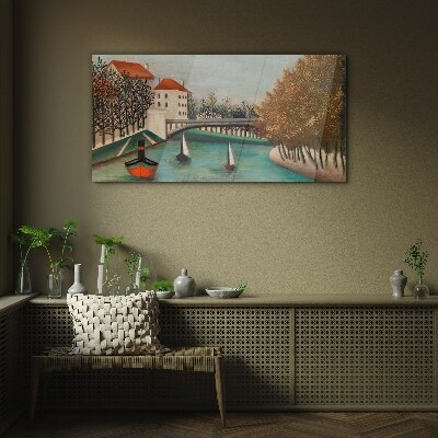 A peaceful landscape with boats Glass Wall Art