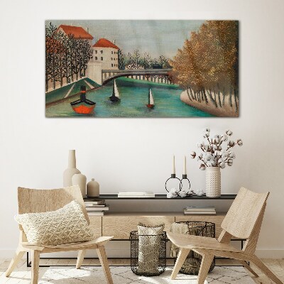 A peaceful landscape with boats Glass Wall Art