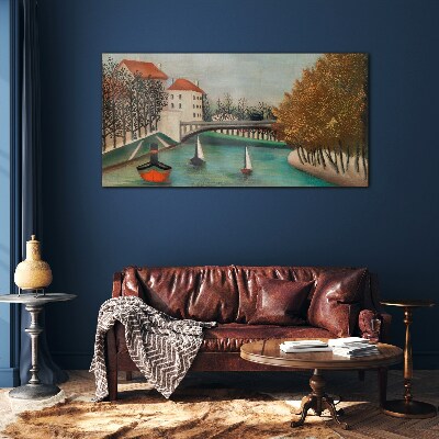 A peaceful landscape with boats Glass Wall Art