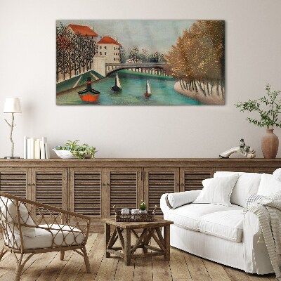A peaceful landscape with boats Glass Wall Art