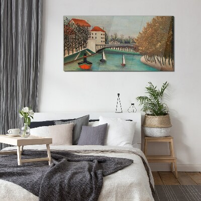 A peaceful landscape with boats Glass Wall Art