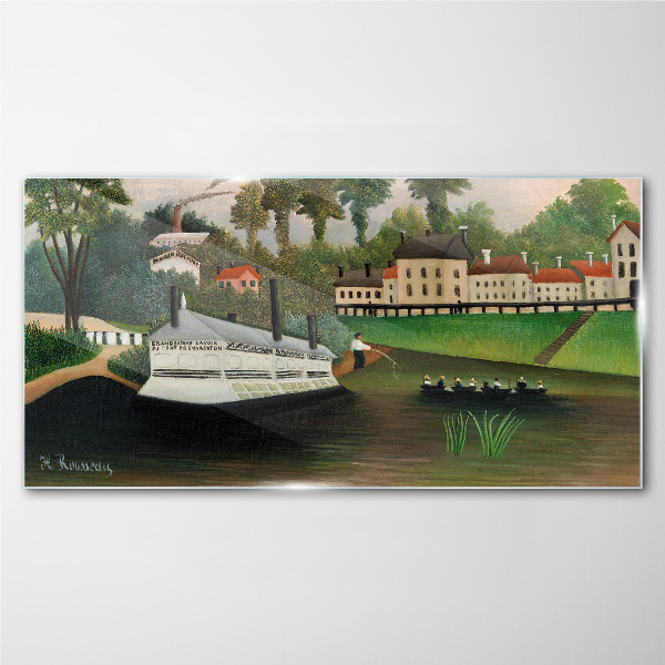 A quiet port with a steamer Glass Wall Art