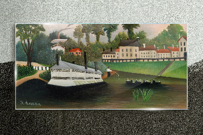 A quiet port with a steamer Glass Wall Art