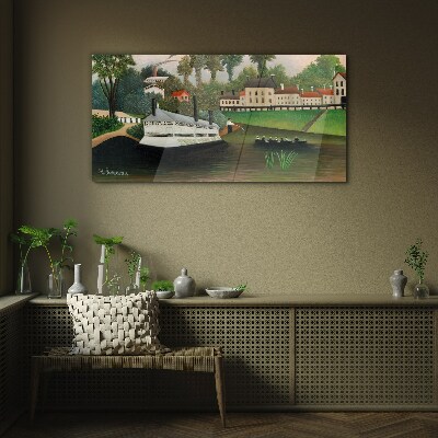 A quiet port with a steamer Glass Wall Art