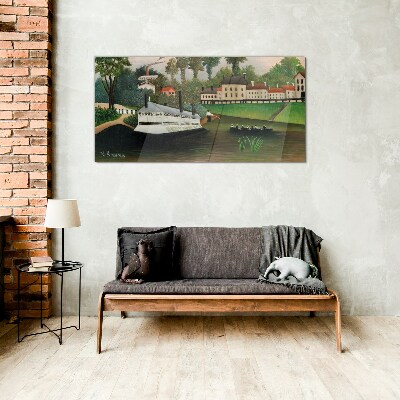 A quiet port with a steamer Glass Wall Art