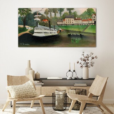A quiet port with a steamer Glass Wall Art