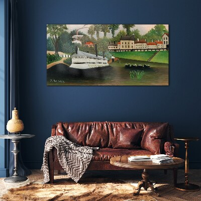 A quiet port with a steamer Glass Wall Art