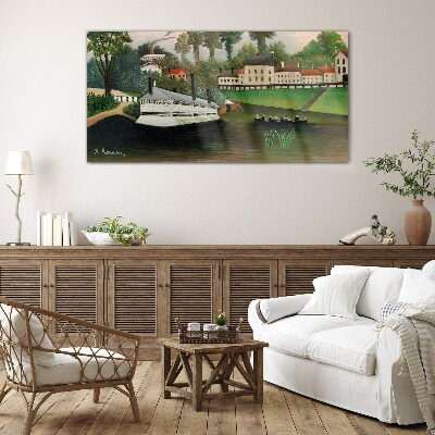 A quiet port with a steamer Glass Wall Art