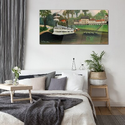 A quiet port with a steamer Glass Wall Art