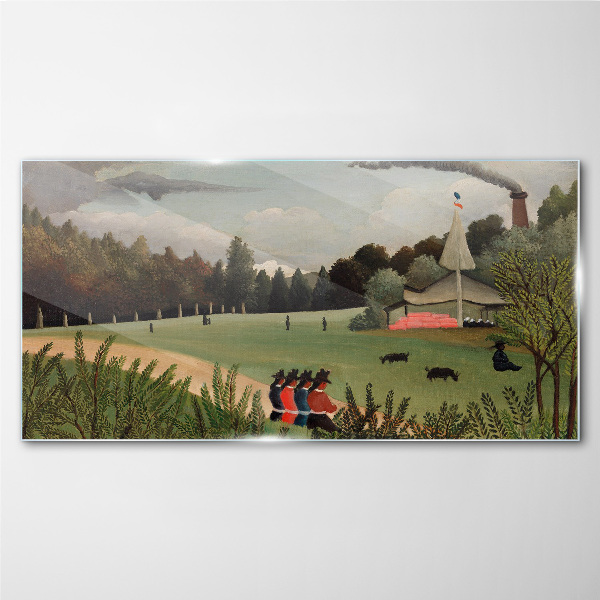 Green landscape with figures Glass Wall Art
