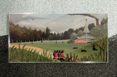 Green landscape with figures Glass Wall Art