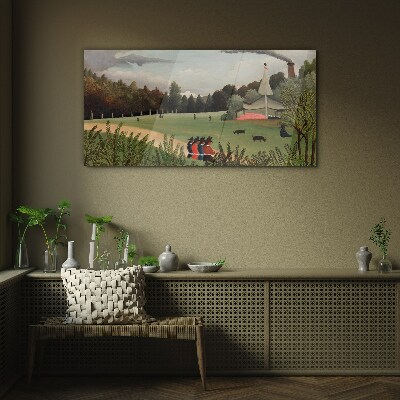 Green landscape with figures Glass Wall Art