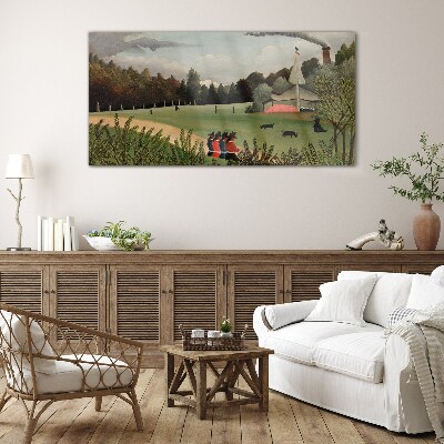 Green landscape with figures Glass Wall Art
