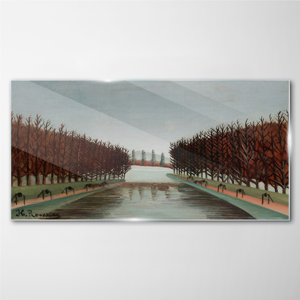 Winter landscape with a river Glass Wall Art