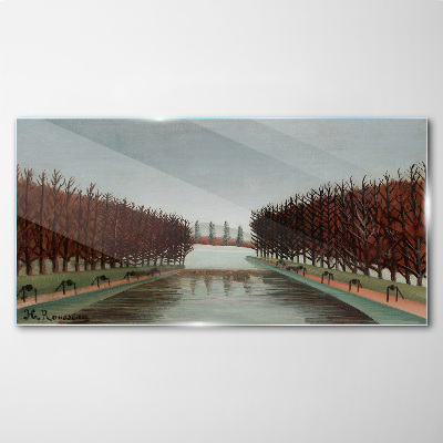 Winter landscape with a river Glass Wall Art