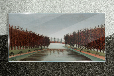 Winter landscape with a river Glass Wall Art