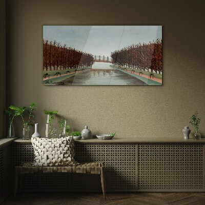 Winter landscape with a river Glass Wall Art