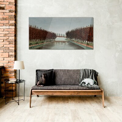 Winter landscape with a river Glass Wall Art