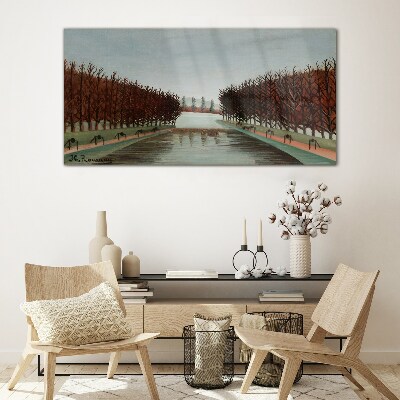 Winter landscape with a river Glass Wall Art