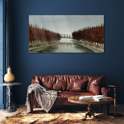 Winter landscape with a river Glass Wall Art