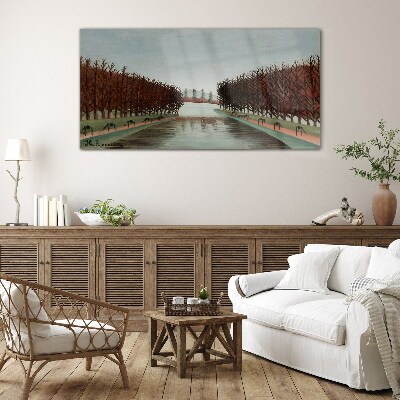 Winter landscape with a river Glass Wall Art