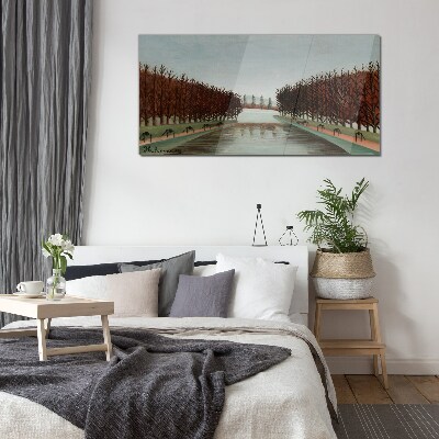 Winter landscape with a river Glass Wall Art