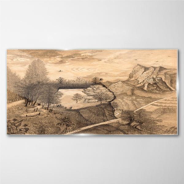 Landscape with a bridge and trees Glass Wall Art