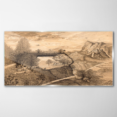 Landscape with a bridge and trees Glass Wall Art