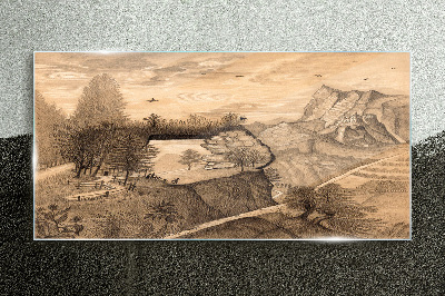 Landscape with a bridge and trees Glass Wall Art