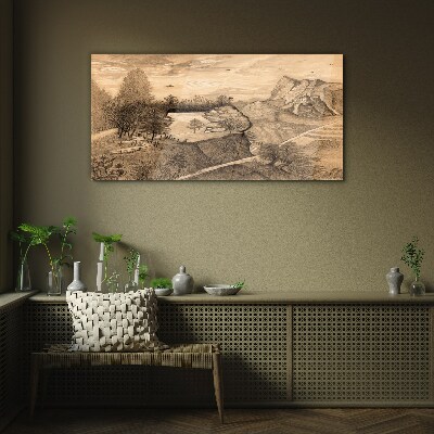 Landscape with a bridge and trees Glass Wall Art