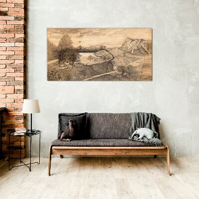Landscape with a bridge and trees Glass Wall Art