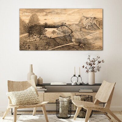 Landscape with a bridge and trees Glass Wall Art