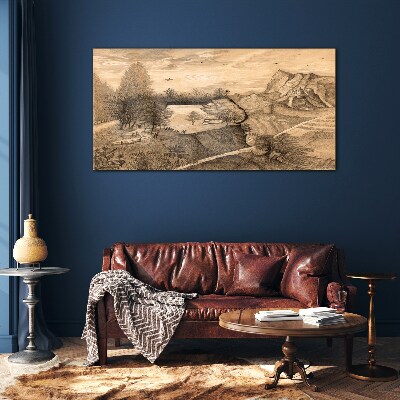 Landscape with a bridge and trees Glass Wall Art
