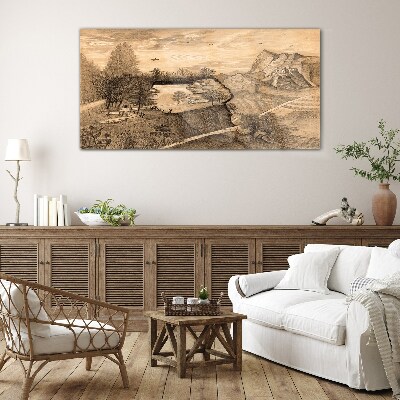 Landscape with a bridge and trees Glass Wall Art