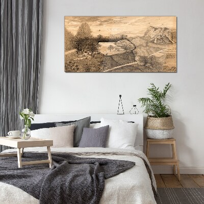 Landscape with a bridge and trees Glass Wall Art