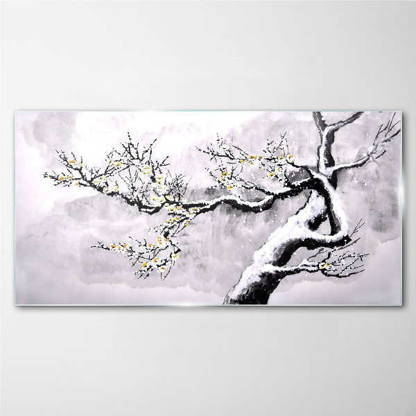 A blooming branch in a monochromatic tone Glass Wall Art