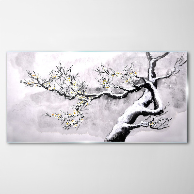 A blooming branch in a monochromatic tone Glass Wall Art