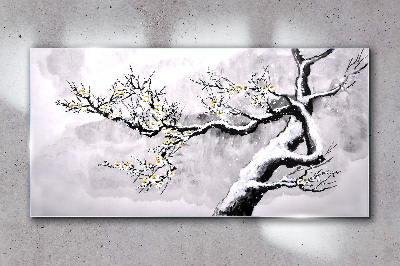 A blooming branch in a monochromatic tone Glass Wall Art